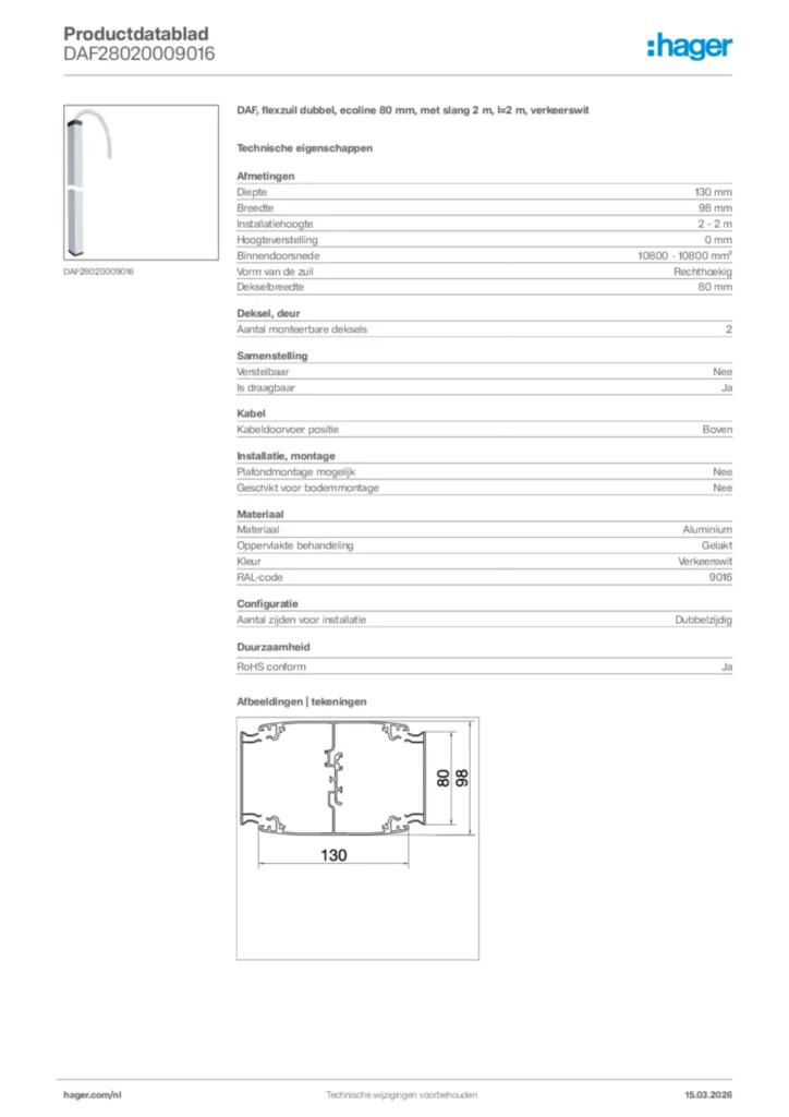 Afbeelding Hager Productdatablad DAF28020009016 | Hager Nederland