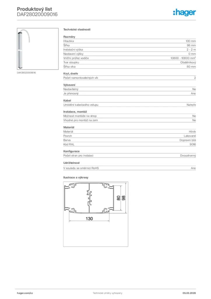 Obrázek Hager Product data sheet DAF28020009016 | Hager