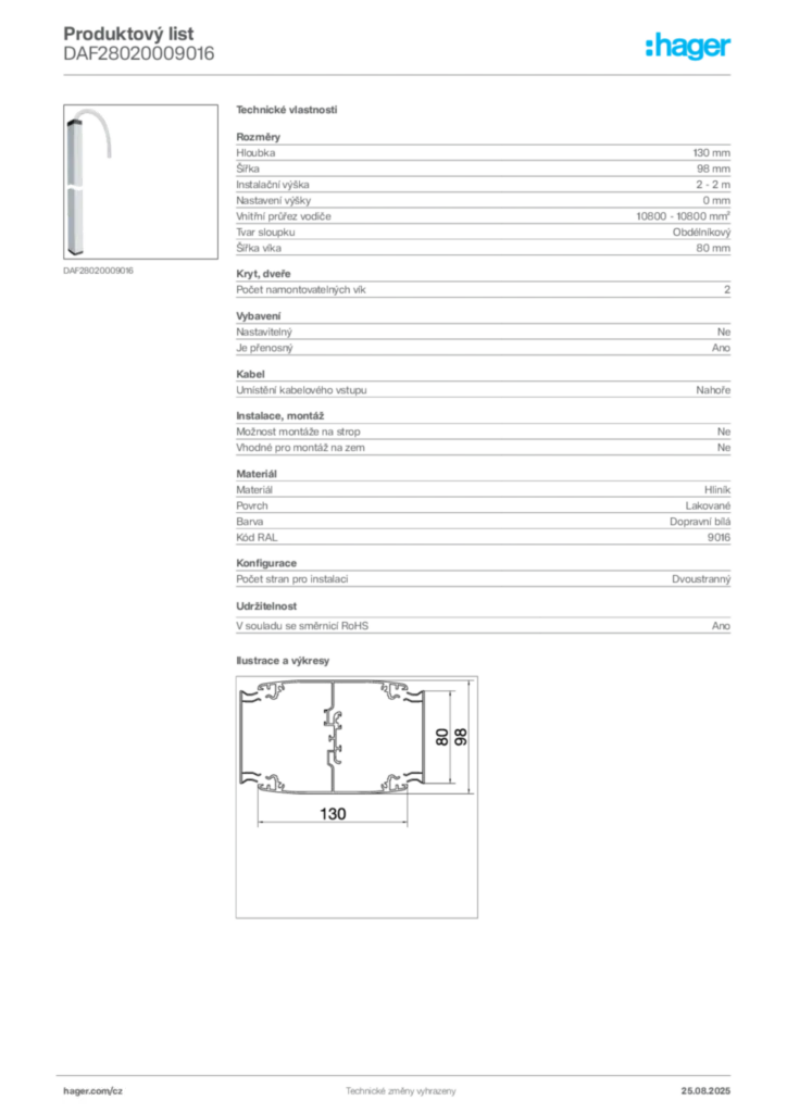 Obrázek Hager Produktový list DAF28020009016 | Hager