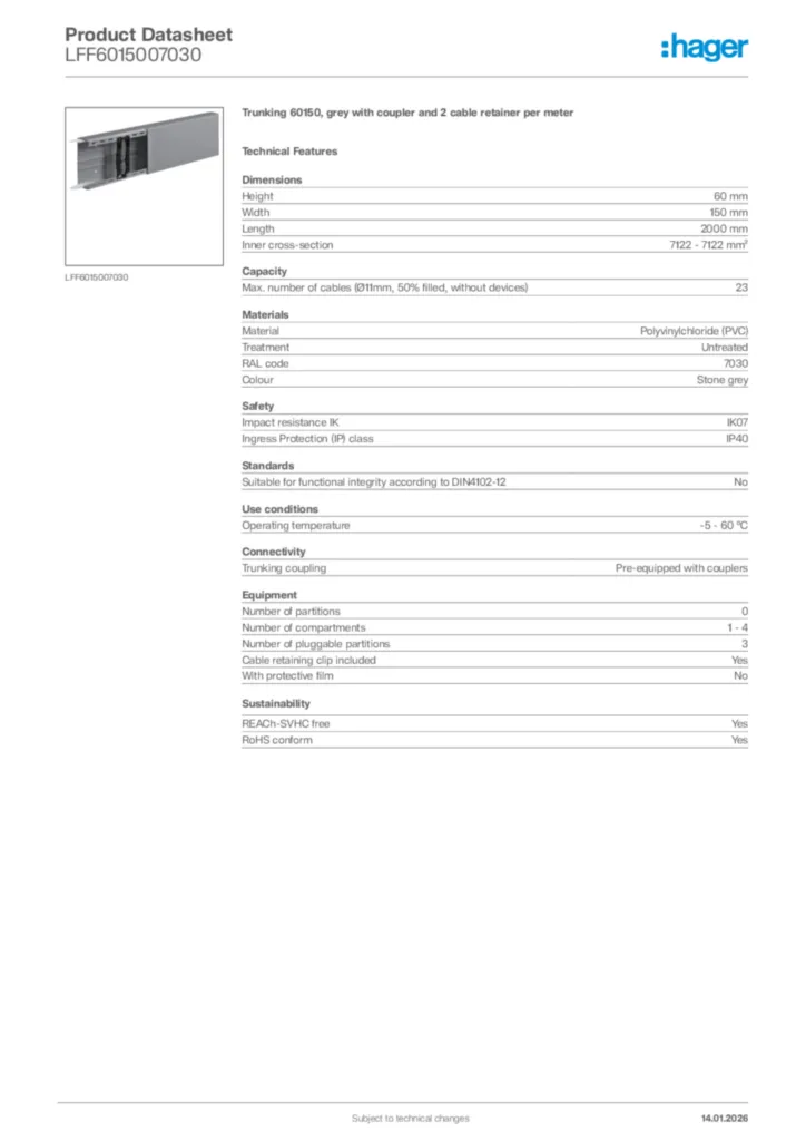Image Hager Product data sheet LFF6015007030  | Hager Africa