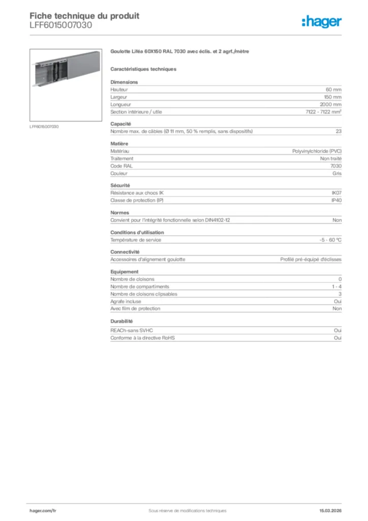Image Hager Fiche technique du produit LFF6015007030 | Hager France