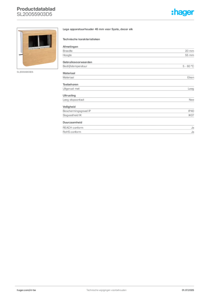 Afbeelding Hager Productdatablad SL20055903D5 | Hager Belgium