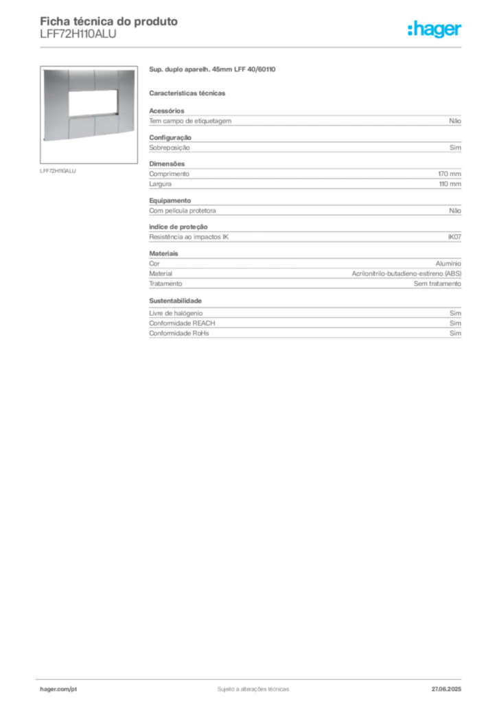 Imagem Hager Ficha técnica do produto LFF72H110ALU | Hager Portugal