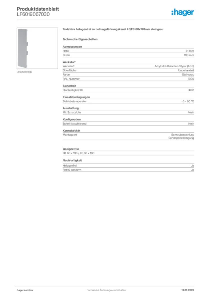 Bild Hager Produktdatenblatt LF6019067030 | Hager Deutschland