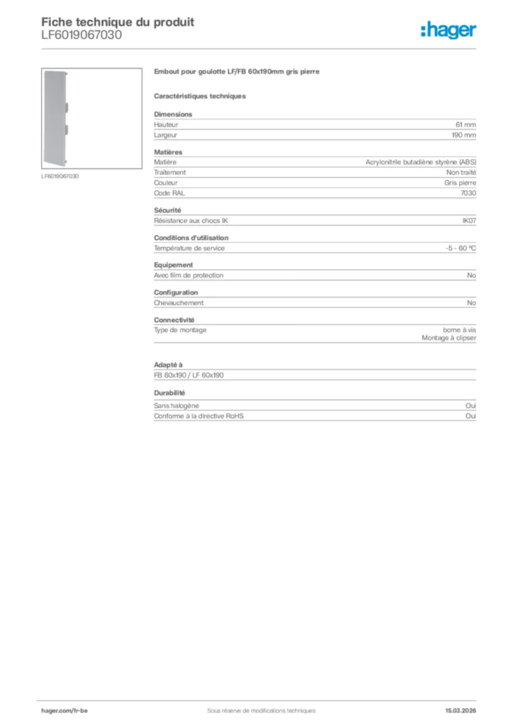 Image Hager Fiche technique du produit LF6019067030 | Hager Belgique