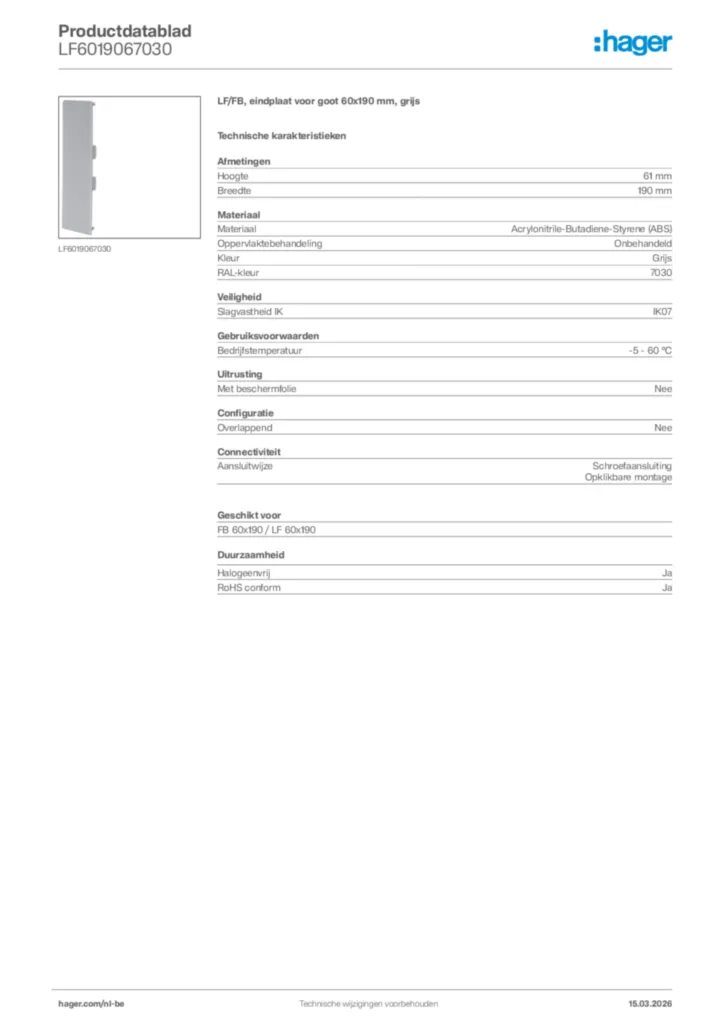 Afbeelding Hager Productdatablad LF6019067030 | Hager Belgium