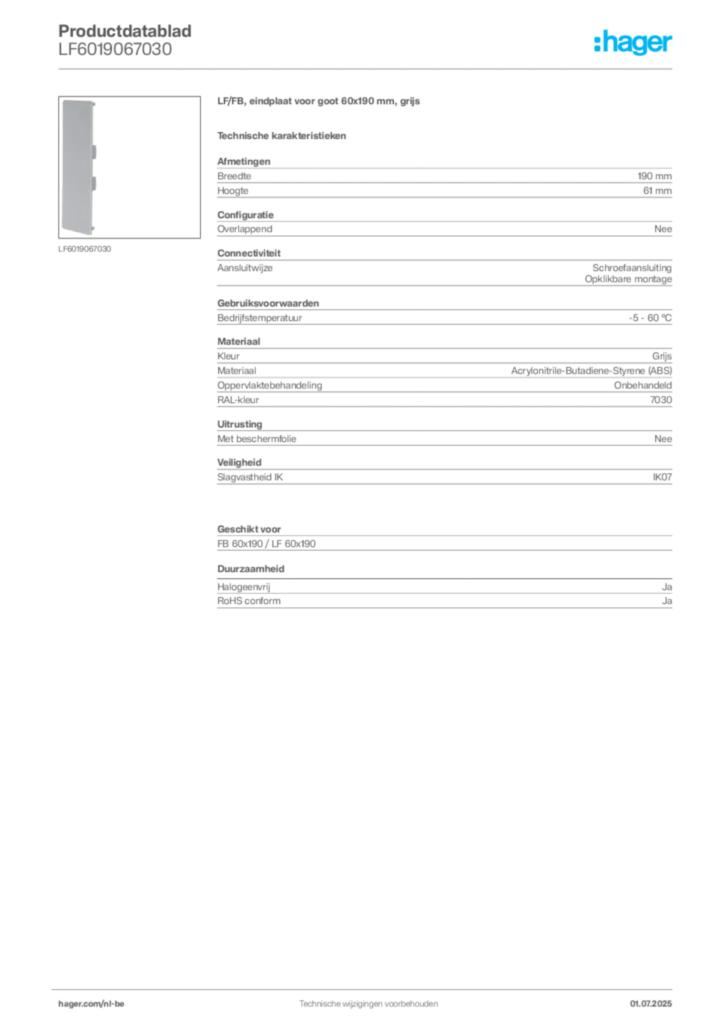 Afbeelding Hager Productdatablad LF6019067030 | Hager Belgium