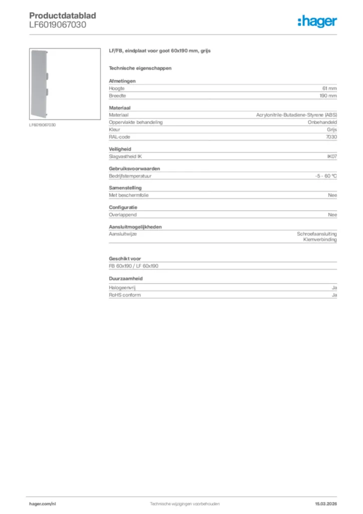 Afbeelding Hager Productdatablad LF6019067030 | Hager Nederland
