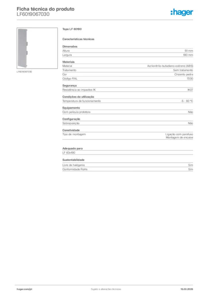 Imagem Hager Ficha técnica do produto LF6019067030 | Hager Portugal