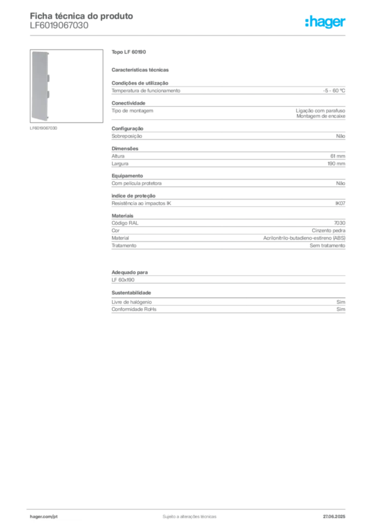 Imagem Hager Ficha técnica do produto LF6019067030 | Hager Portugal