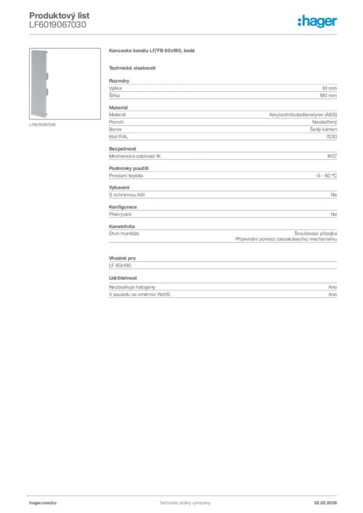 Obrázek Hager Product data sheet LF6019067030 | Hager