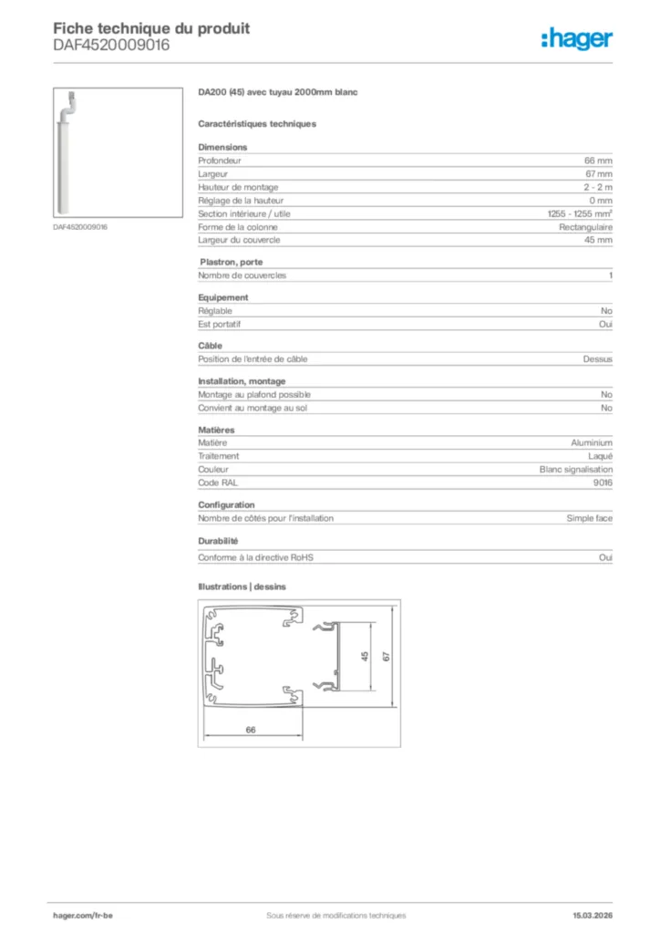 Image Hager Fiche technique du produit DAF4520009016 | Hager Belgique