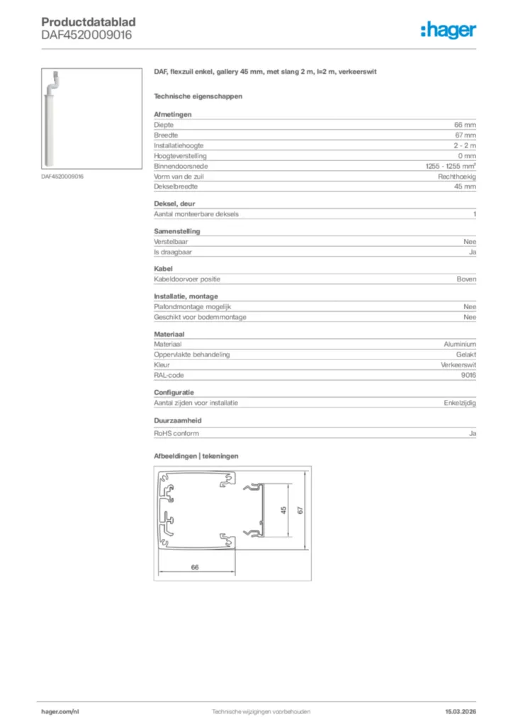Afbeelding Hager Productdatablad DAF4520009016 | Hager Nederland