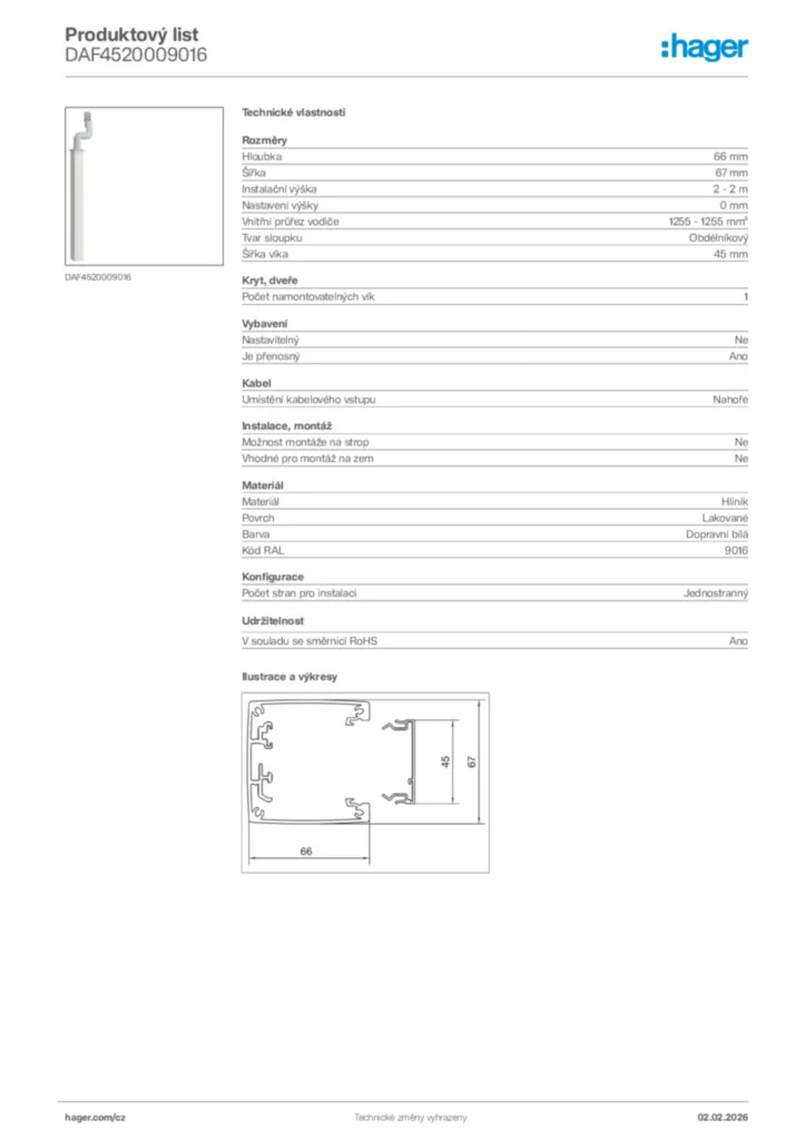 Obrázek Hager Product data sheet DAF4520009016 | Hager