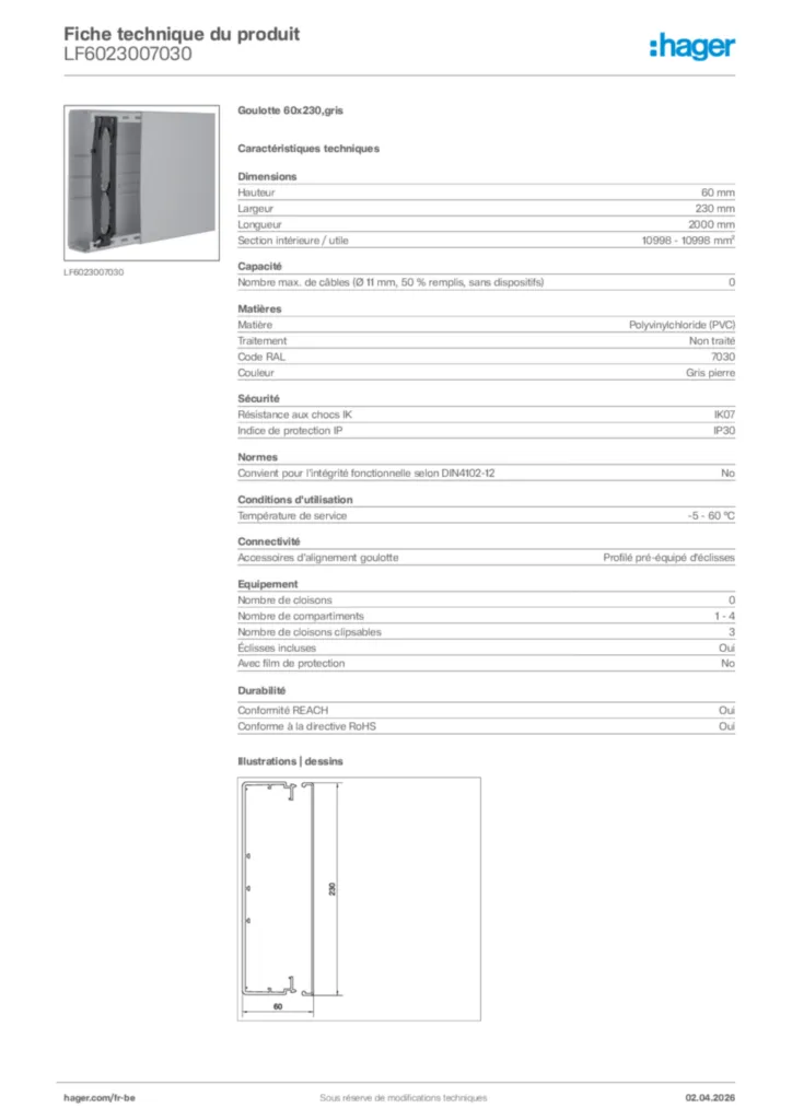 Image Hager Fiche technique du produit LF6023007030 | Hager Belgique