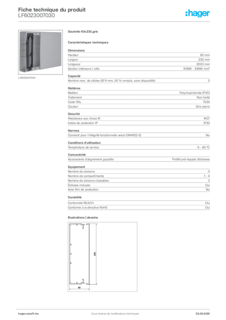 Image Hager Fiche technique du produit LF6023007030 | Hager Belgique