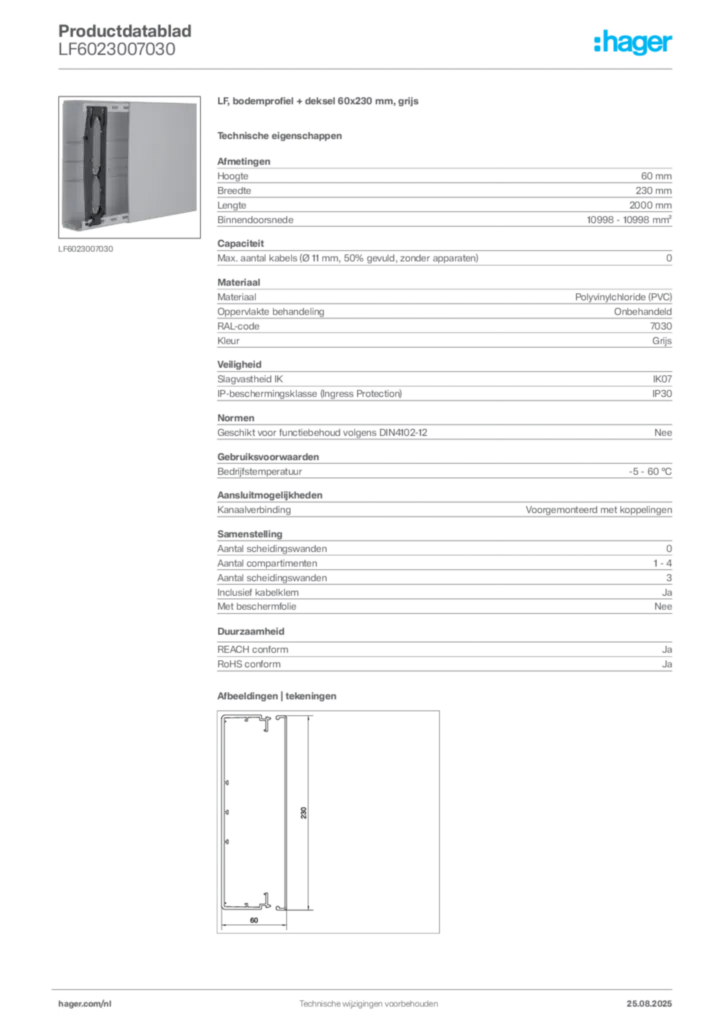 Afbeelding Hager Productdatablad LF6023007030 | Hager Nederland