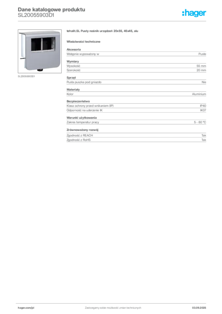 Zdjęcie Hager Dane katalogowe produktu SL20055903D1 | Hager Polska