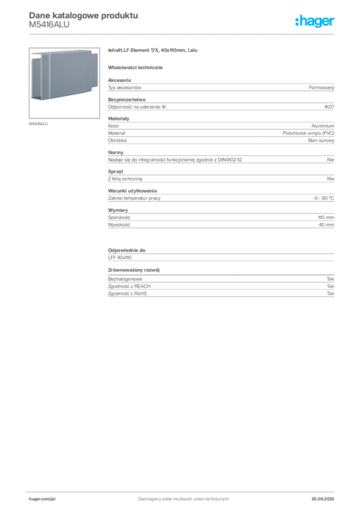 Zdjęcie Hager Dane katalogowe produktu M5416ALU | Hager Polska