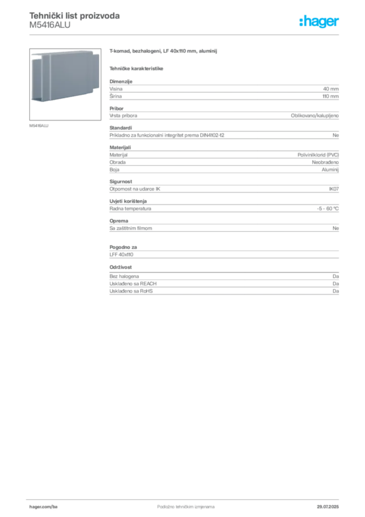 Slika Hager Product data sheet M5416ALU  | Hager