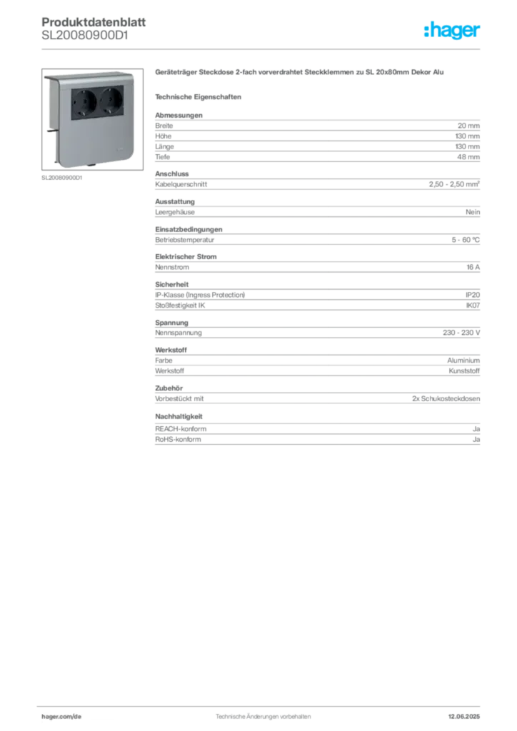 Hager Produktdatenblatt SL20080900D1