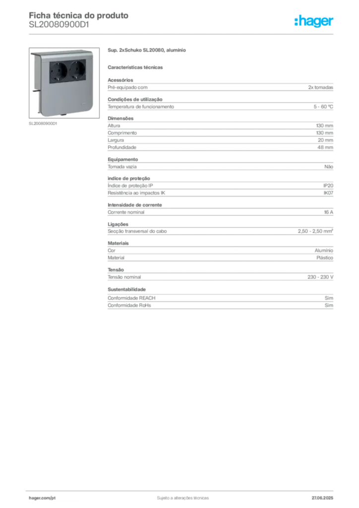 Imagem Hager Ficha técnica do produto SL20080900D1 | Hager Portugal