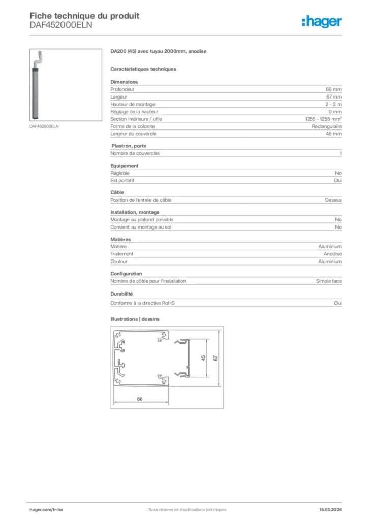 Image Hager Fiche technique du produit DAF452000ELN | Hager Belgique