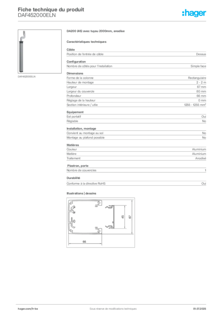 Image Hager Fiche technique du produit DAF452000ELN | Hager Belgique