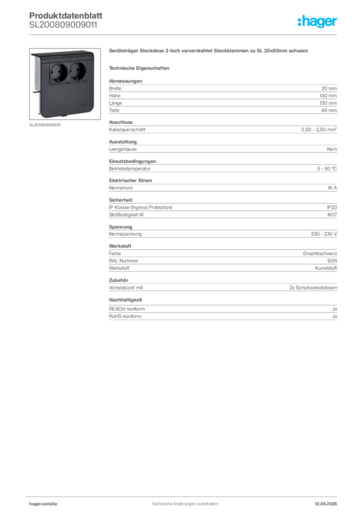 Bild Hager Produktdatenblatt SL200809009011 | Hager Deutschland