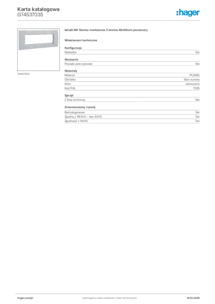 Zdjęcie Hager Karta katalogowa GT4537035 | Hager Polska