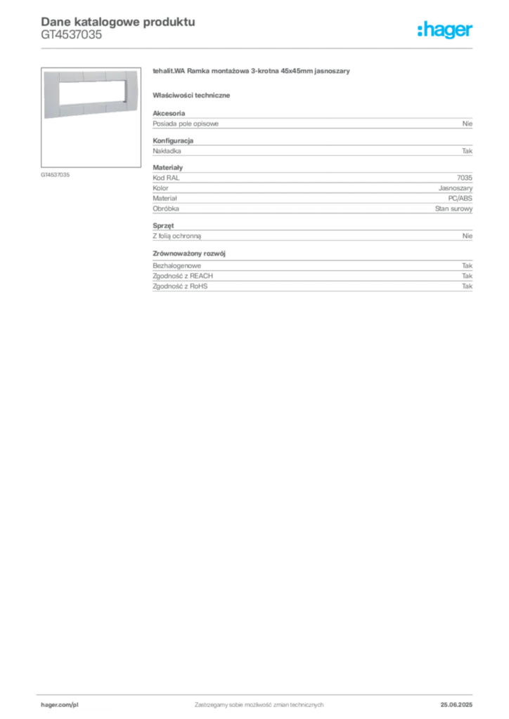 Zdjęcie Hager Dane katalogowe produktu GT4537035 | Hager Polska