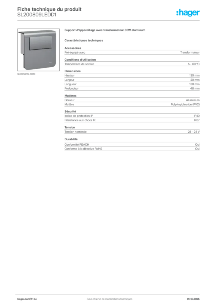 Image Hager Fiche technique du produit SL200809LEDD1 | Hager Belgique