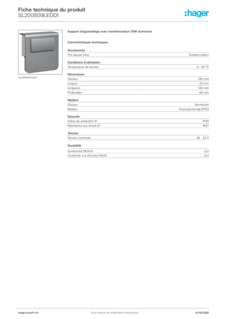 Image Hager Fiche technique du produit SL200809LEDD1 | Hager Suisse