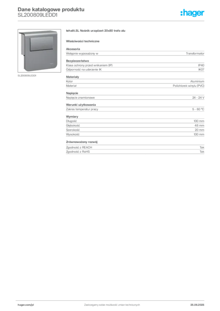 Zdjęcie Hager Dane katalogowe produktu SL200809LEDD1 | Hager Polska