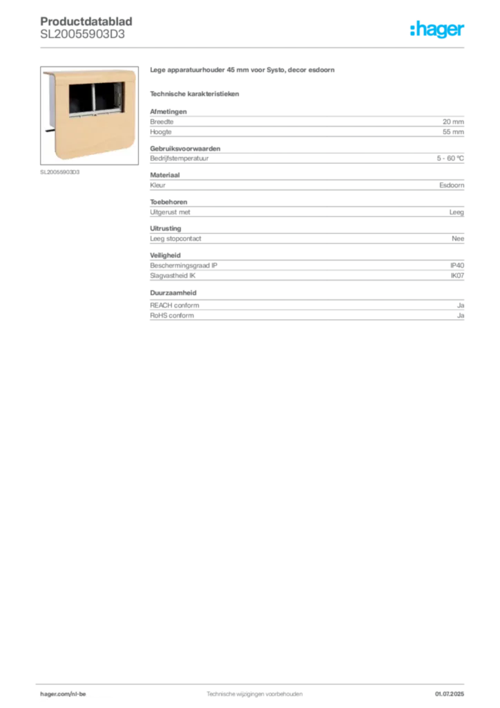 Afbeelding Hager Productdatablad SL20055903D3 | Hager Belgium