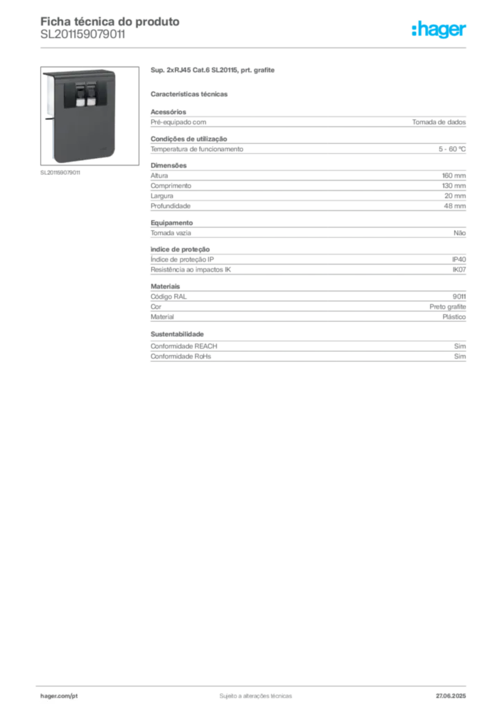 Imagem Hager Ficha técnica do produto SL201159079011 | Hager Portugal