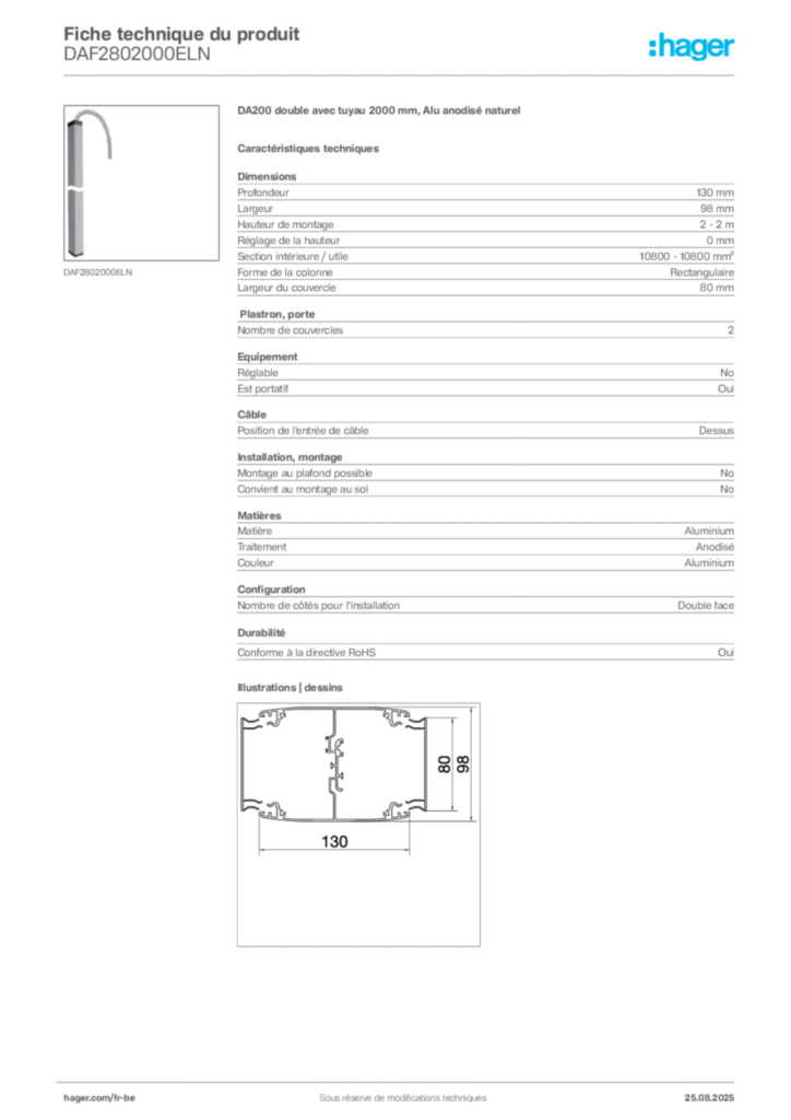 Image Hager Fiche technique du produit DAF2802000ELN | Hager Belgique