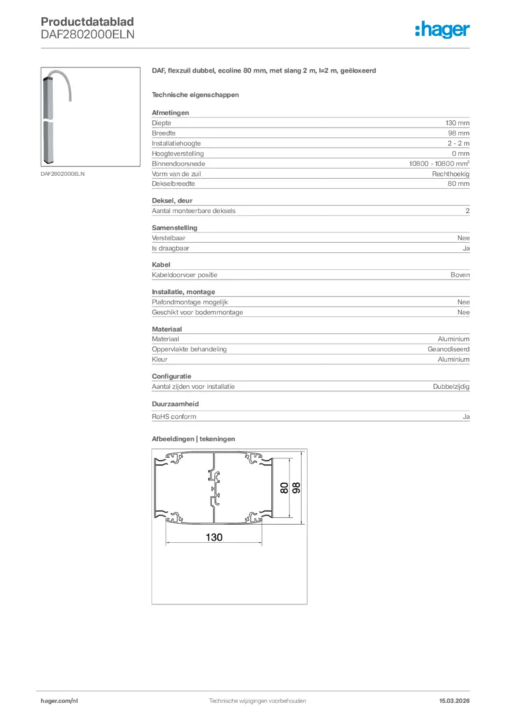 Afbeelding Hager Productdatablad DAF2802000ELN | Hager Nederland