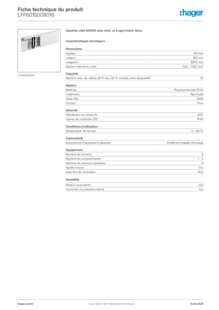 Image Hager Fiche technique du produit LFF6015009016 | Hager France