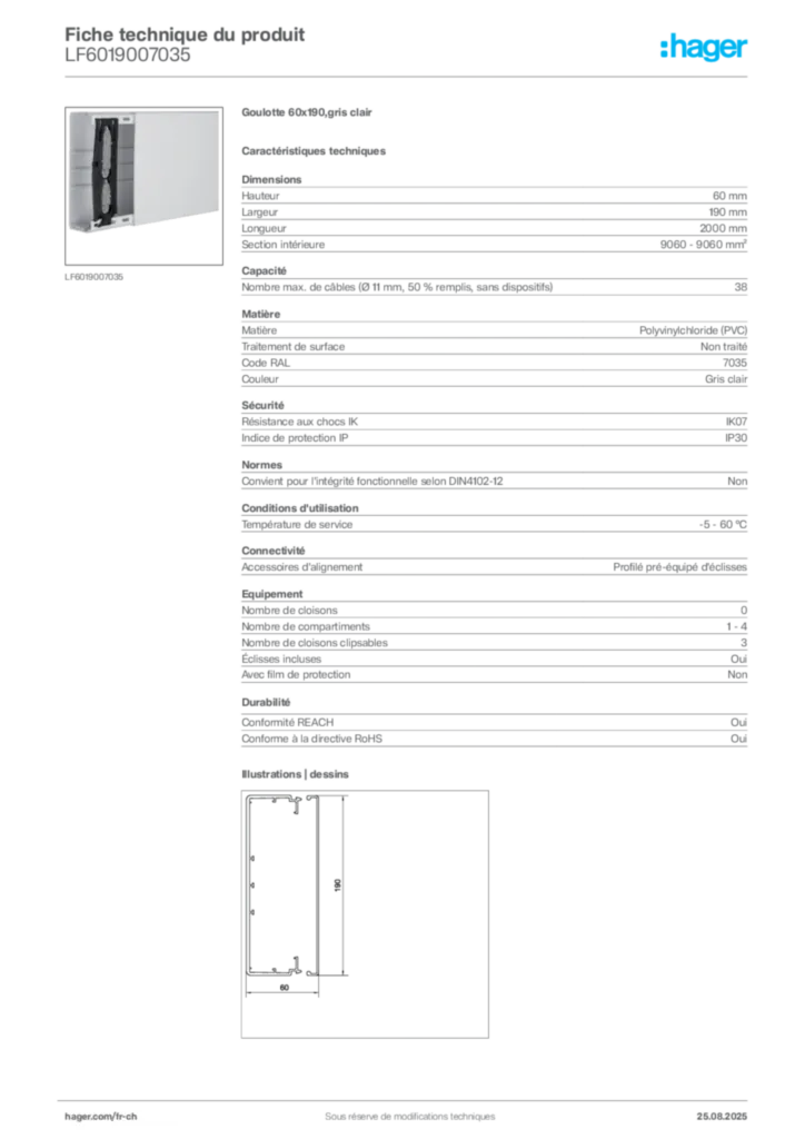 Image Hager Fiche technique du produit LF6019007035 | Hager Suisse
