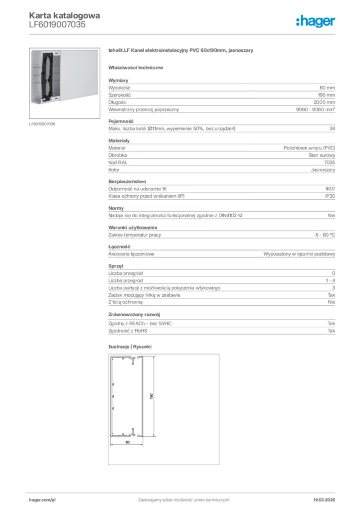 Zdjęcie Hager Karta katalogowa LF6019007035 | Hager Polska