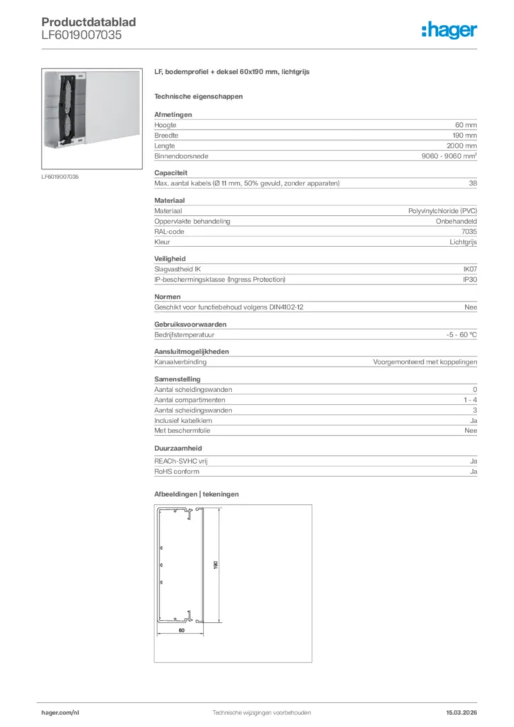 Afbeelding Hager Productdatablad LF6019007035 | Hager Nederland
