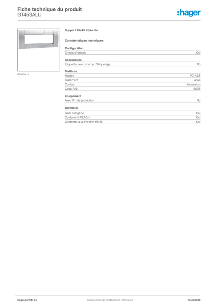 Image Hager Fiche technique du produit GT453ALU | Hager Belgique