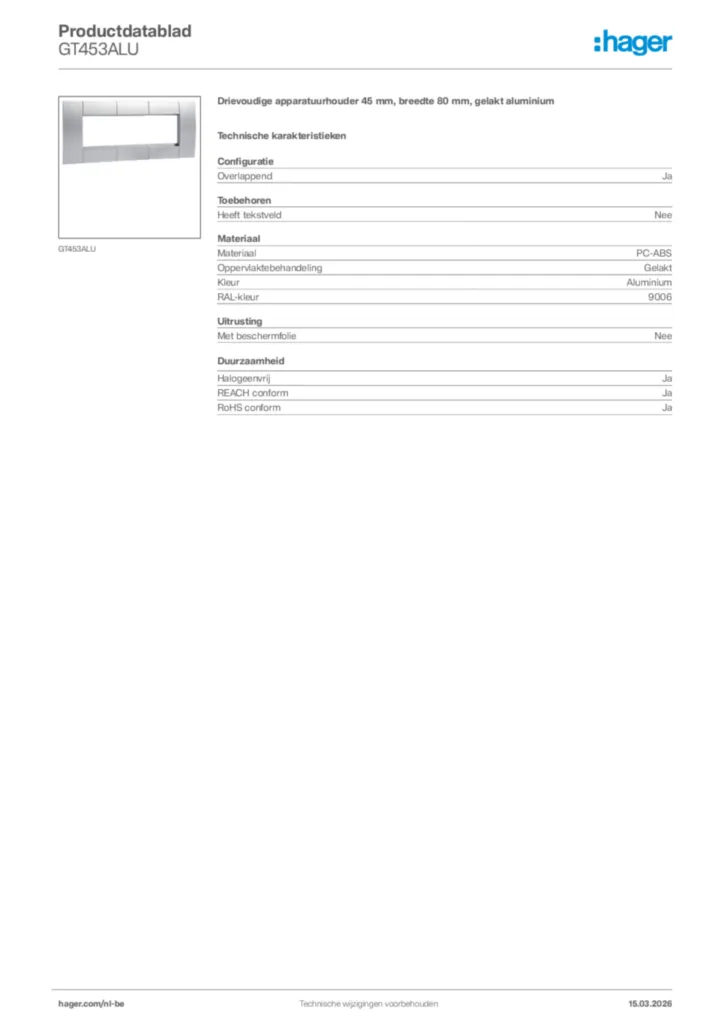 Afbeelding Hager Productdatablad GT453ALU | Hager Belgium