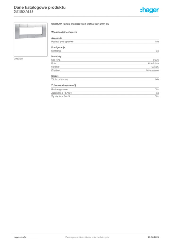 Zdjęcie Hager Dane katalogowe produktu GT453ALU | Hager Polska