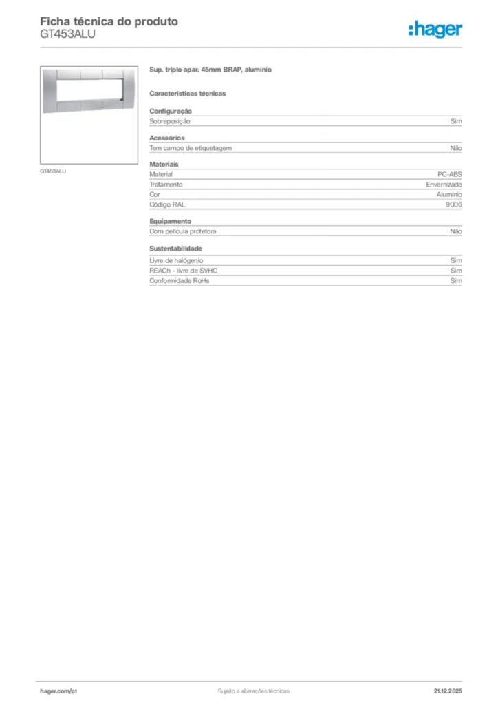 Imagem Hager Ficha técnica do produto GT453ALU | Hager Portugal