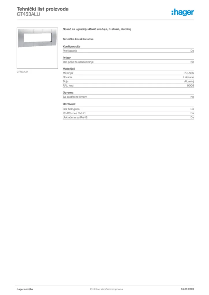 Slika Hager Tehnički list proizvoda GT453ALU  | Hager