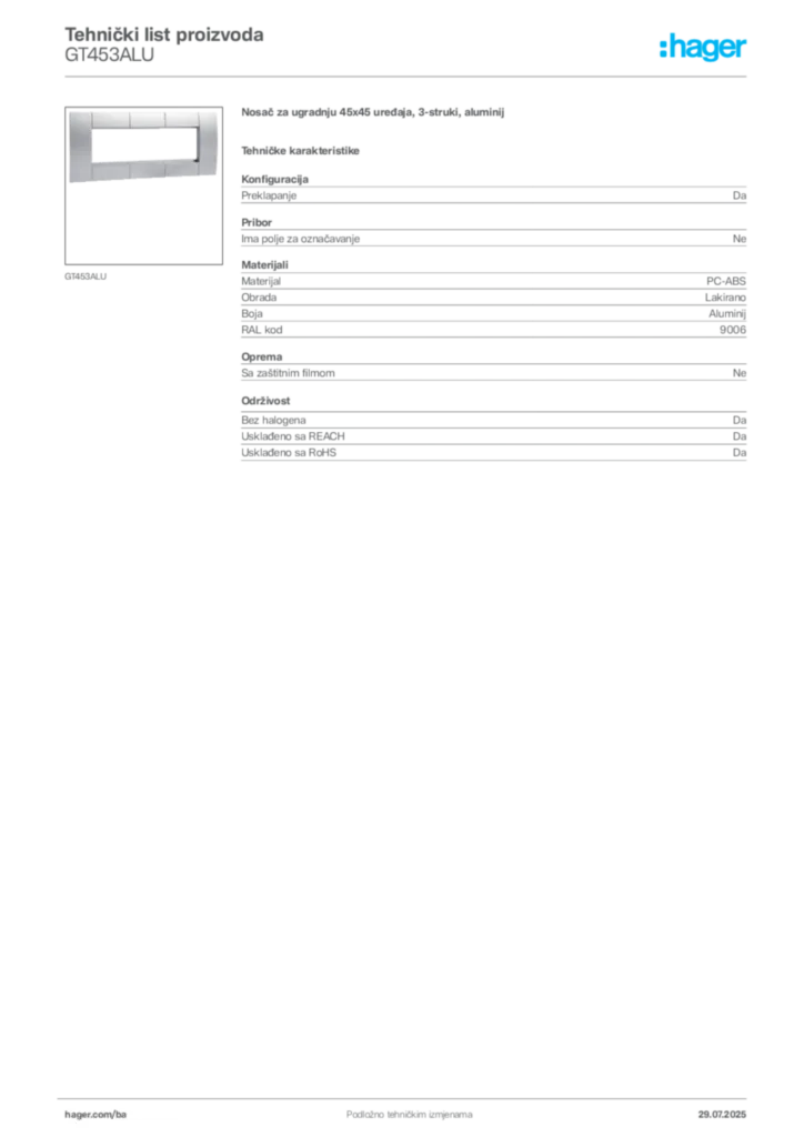 Slika Hager Product data sheet GT453ALU  | Hager