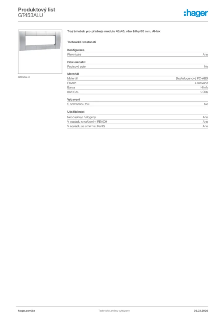 Obrázek Hager Product data sheet GT453ALU | Hager