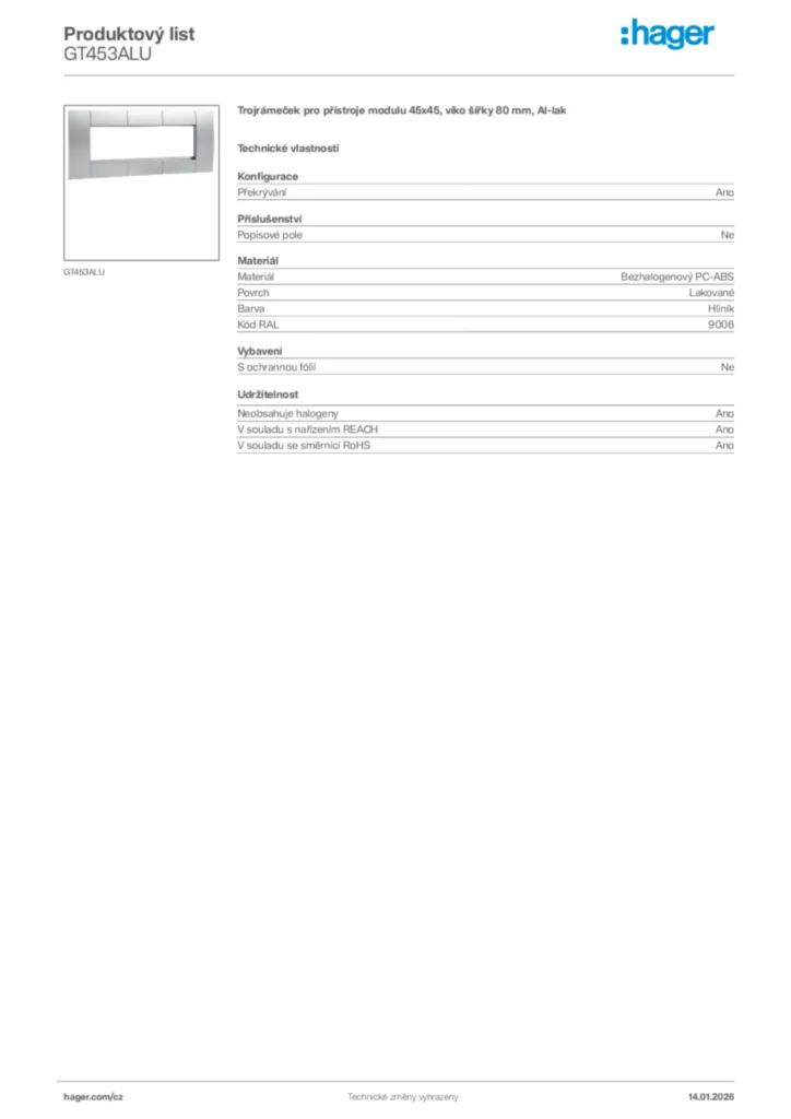 Obrázek Hager Product data sheet GT453ALU | Hager